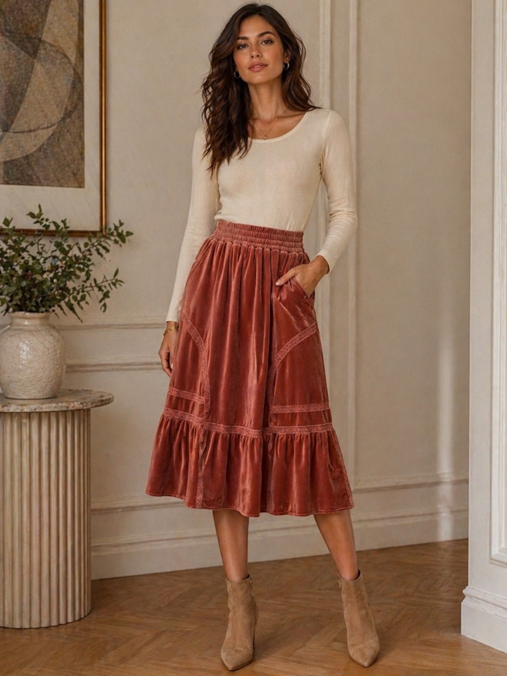 Calista Rust Velvet Midi Skirt Pleated Boho Chic Elastic Waist